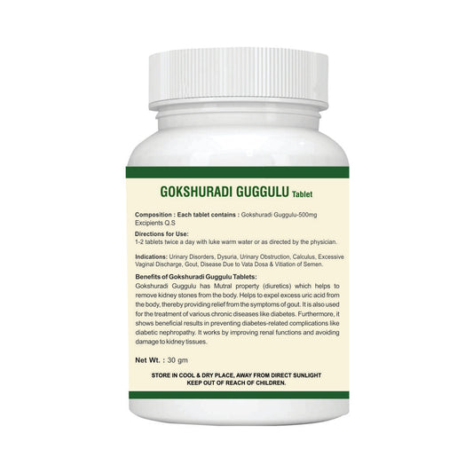 GOKSHURADI GUGGULU Tablet for URINARY DISORDERS: One Bottle MRP (Inclusive of all taxes):Rs.360/- Net Weight 30gm/