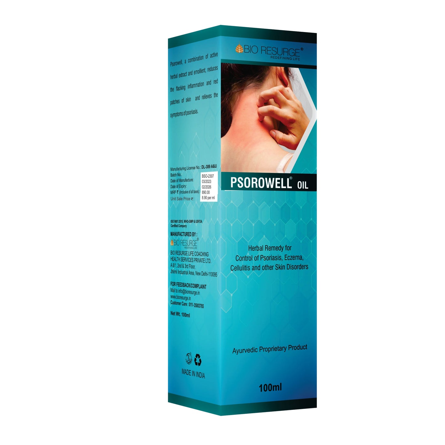 Psorowell Oil for Psoriasis and Seborrhea Skin Disorder: One piece MRP (Inclusive of all taxes):Rs.890/- Net Weight 100ml