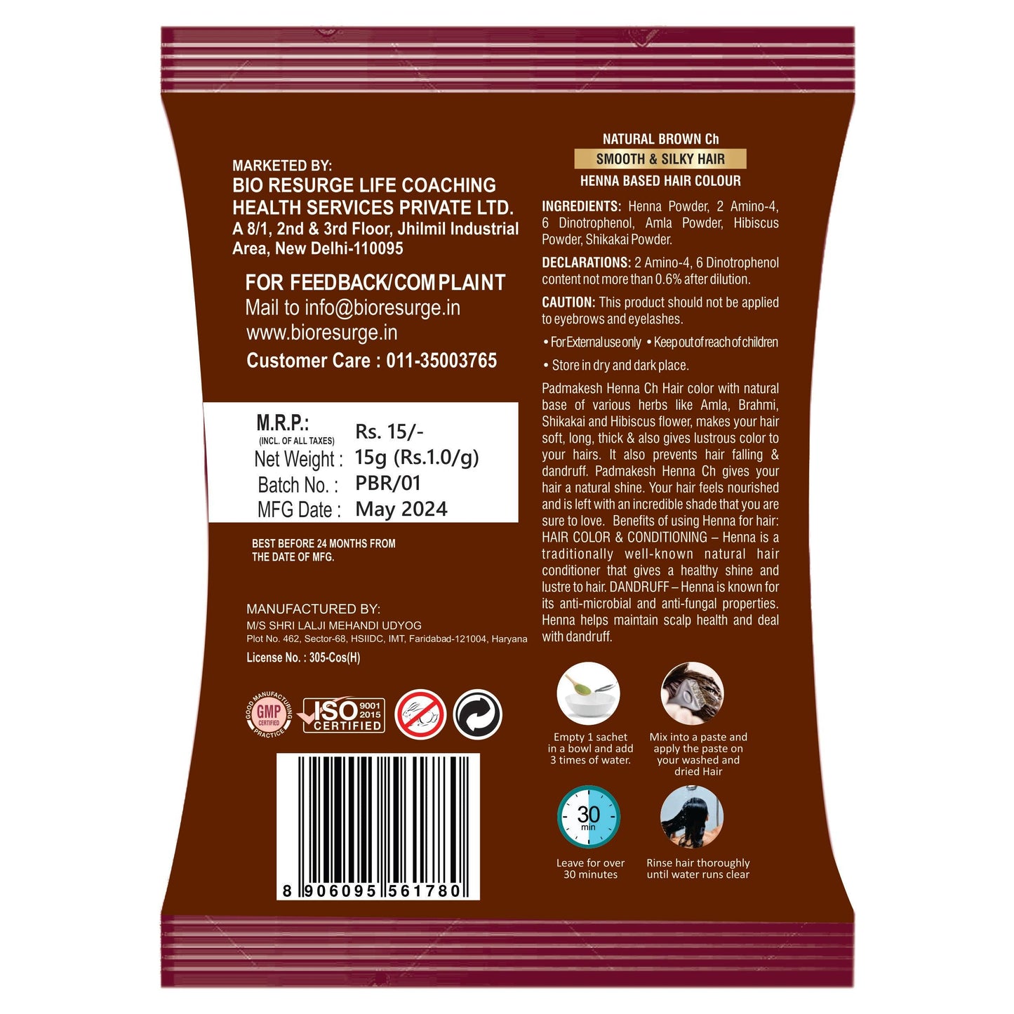 Bio Resurge Padmakesh Henna Hair Dye for All Types of Hairs: One piece MRP (Inclusive of all taxes):Rs 15/- Net Weight 15gm, Black CH: 15gm