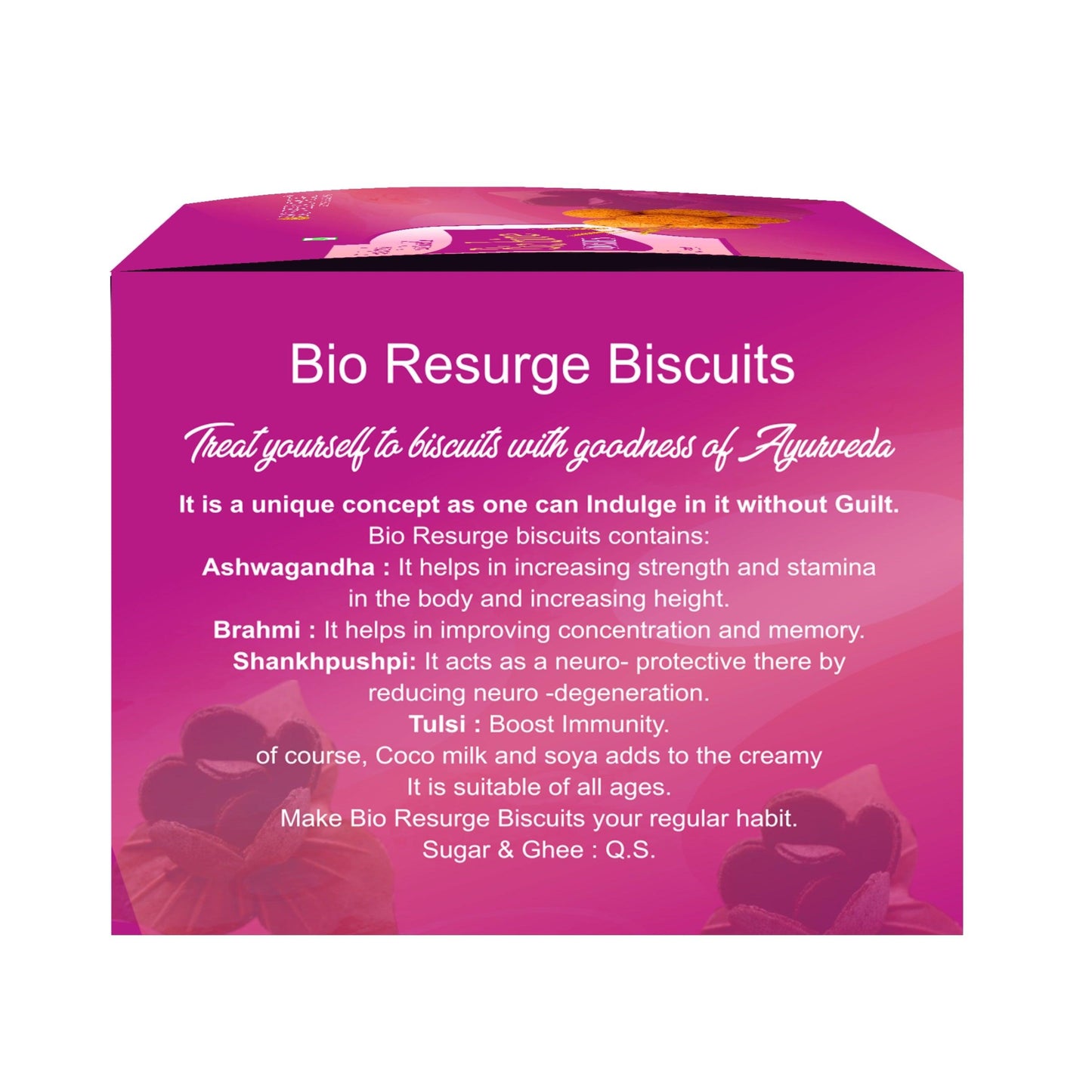 Bio Resurge Healthy Biscuits meeting your Nutritional Requirements : One piece MRP (Inclusive of all taxes):Rs.140/- Net Weight 100gm