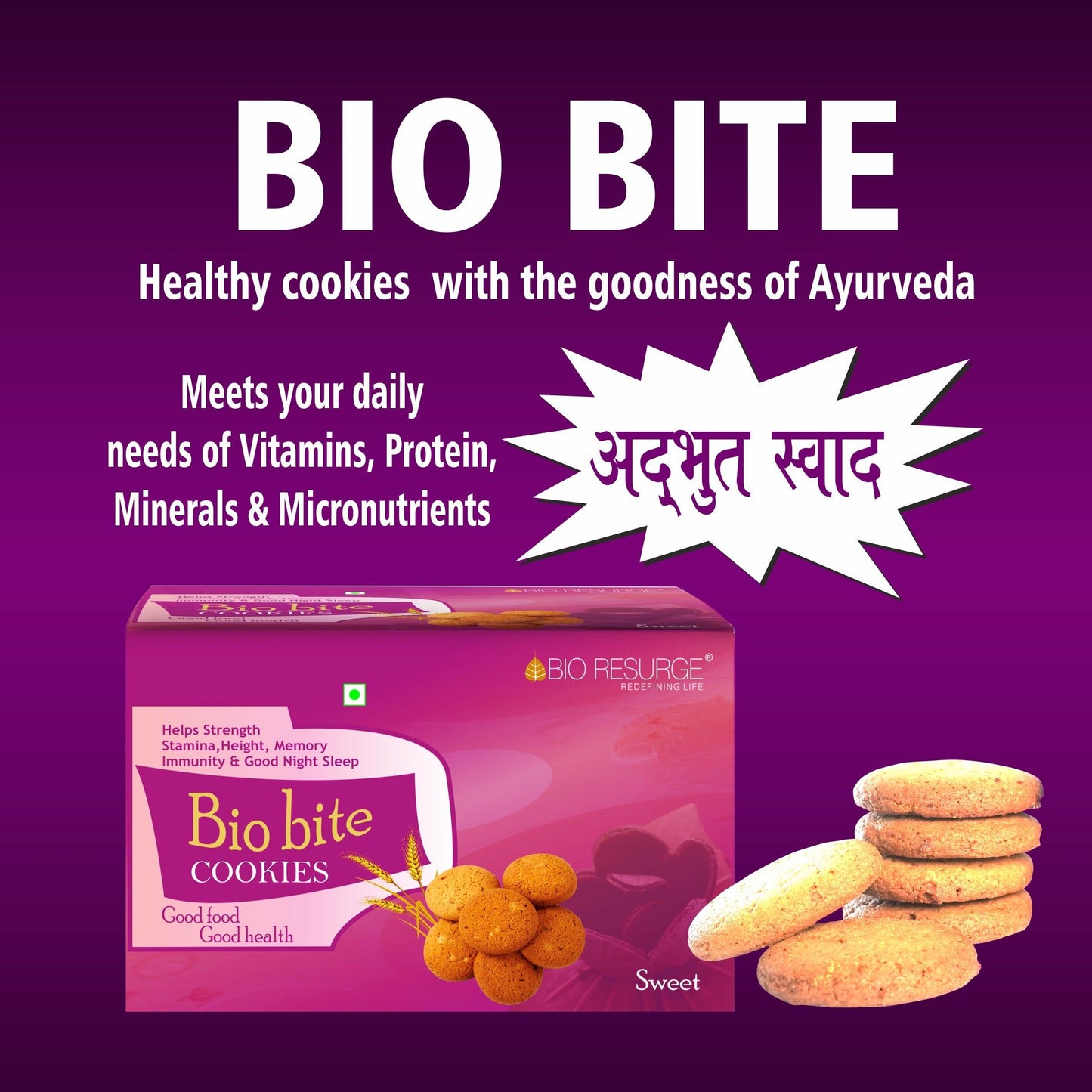 Bio Resurge Healthy Biscuits meeting your Nutritional Requirements : One piece MRP (Inclusive of all taxes):Rs.140/- Net Weight 100gm