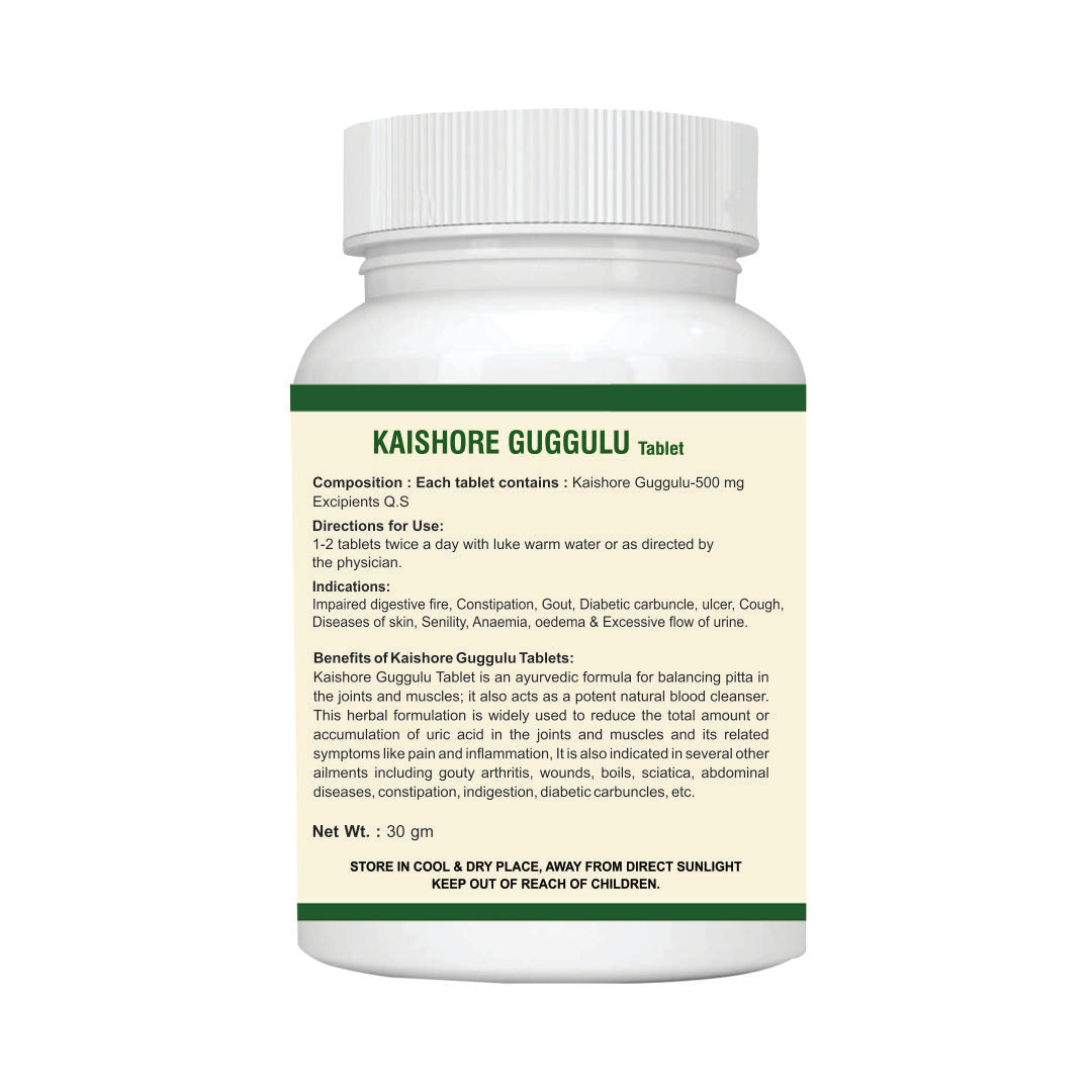 KAISHORE GUGGULU Tablet for CHRONIC JOINT & BODY PAIN IMPAIRED DIGESTIVE FIRE: One Bottle MRP (Inclusive of all taxes):Rs.390/- Net Weight 30gm/