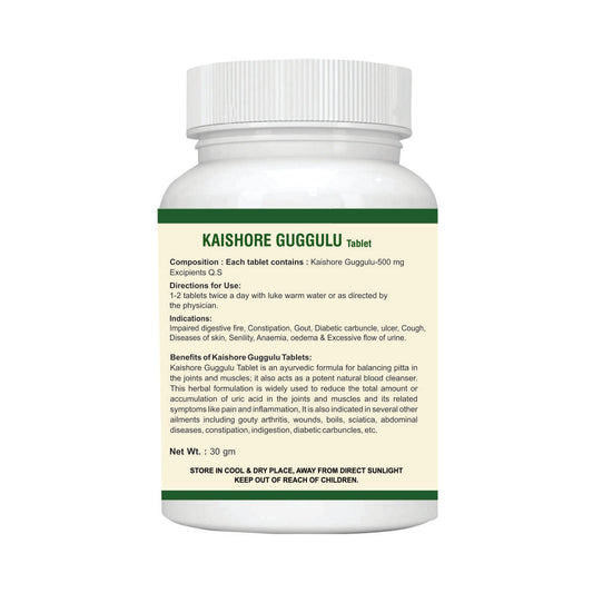 KAISHORE GUGGULU Tablet for CHRONIC JOINT & BODY PAIN IMPAIRED DIGESTIVE FIRE: One Bottle MRP (Inclusive of all taxes):Rs.390/- Net Weight 30gm/