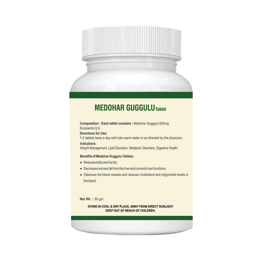 Medohar Guggulu Tablet for Weight Mabagement: One Bottle MRP (Inclusive of all taxes):Rs.360/- Net Weight 30gm/