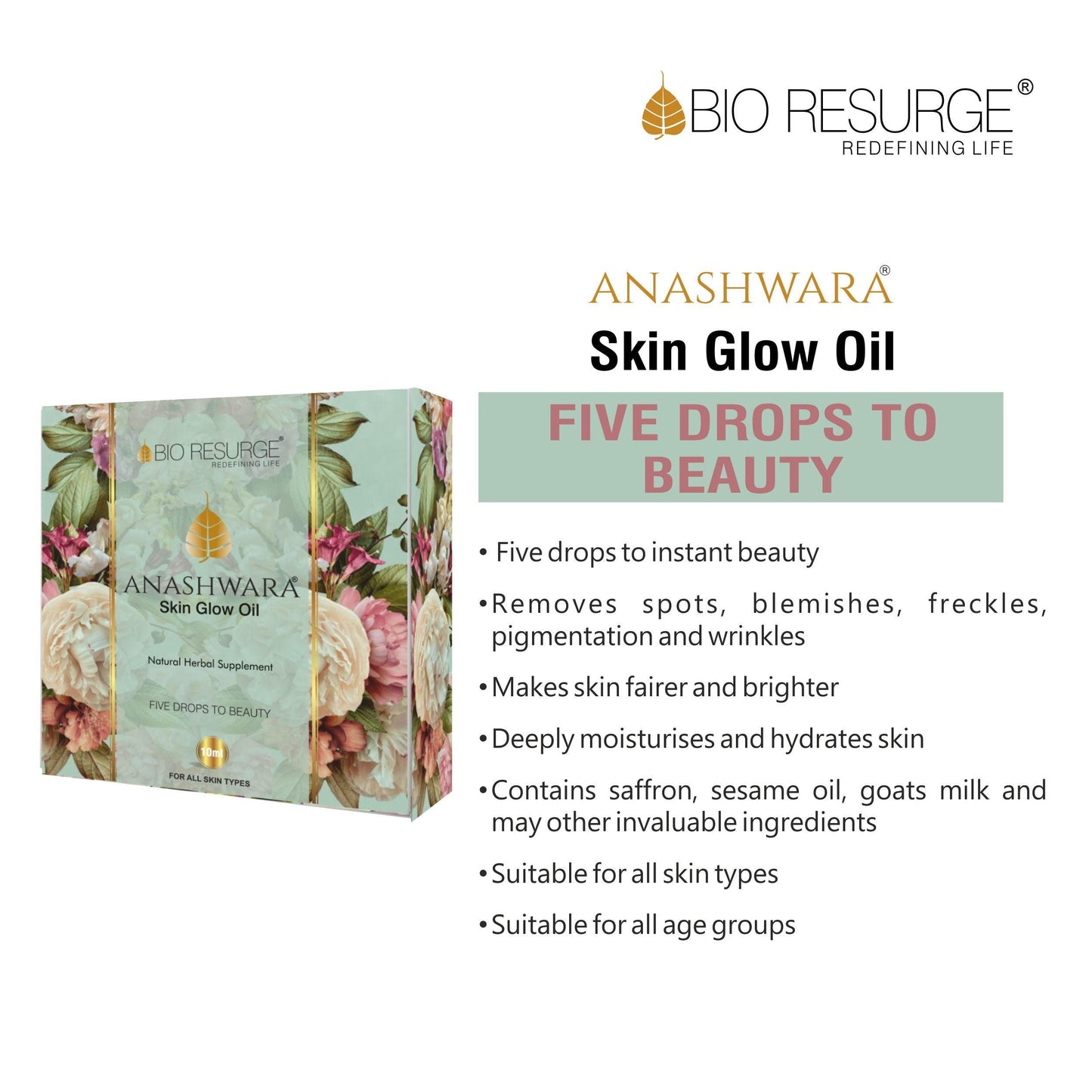 Skin Glow Oil - Enriched with Saffronn Five Drops to Glow Skin:One piece MRP (Inclusive of all taxes):Rs.2400/- Net Weight 10ml