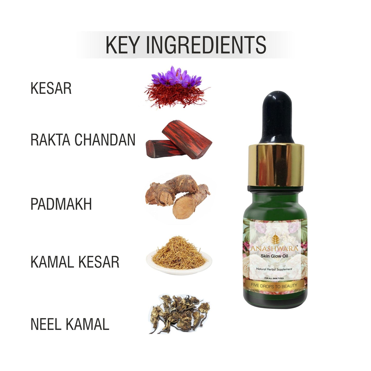 Skin Glow Oil - Enriched with Saffronn Five Drops to Glow Skin:One piece MRP (Inclusive of all taxes):Rs.2400/- Net Weight 10ml